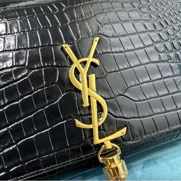 Yves Saint Laurent Black Croc-Embossed Leather Bag with Gold Chain - Picture 8 of 8